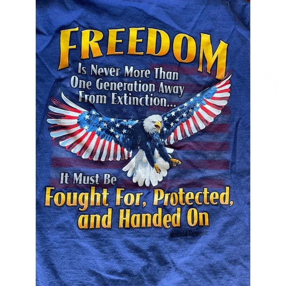 Freedom Mens T Shirt Sz XL Ronald Reagan Eagle Flag USA Patriotic America Blue - Picture 1 of 10